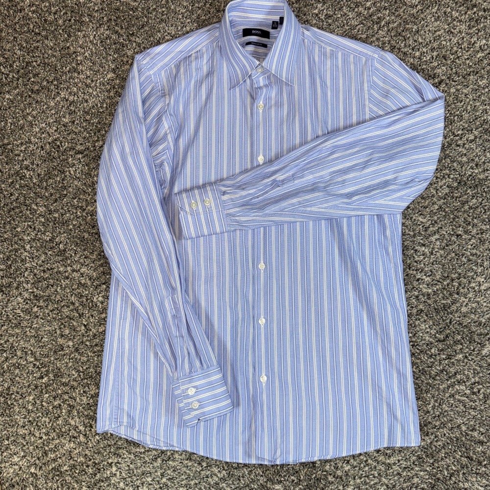 Hugo Boss 15 32/33 Mens Blue White Striped Regular Fit Cotton Dress Shirt